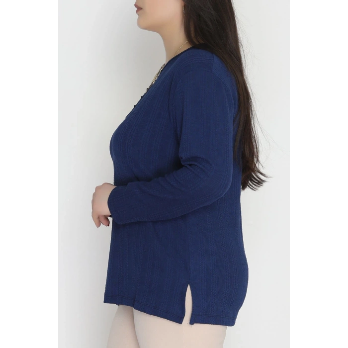 Burgu Kumaş Bisiklet Yaka Büyük Beden Bluz Lacivert - 70756.1954.