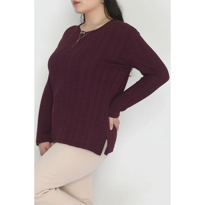 Burgu Kumaş Bisiklet Yaka Büyük Beden Bluz Mürdüm - 70756.1954.