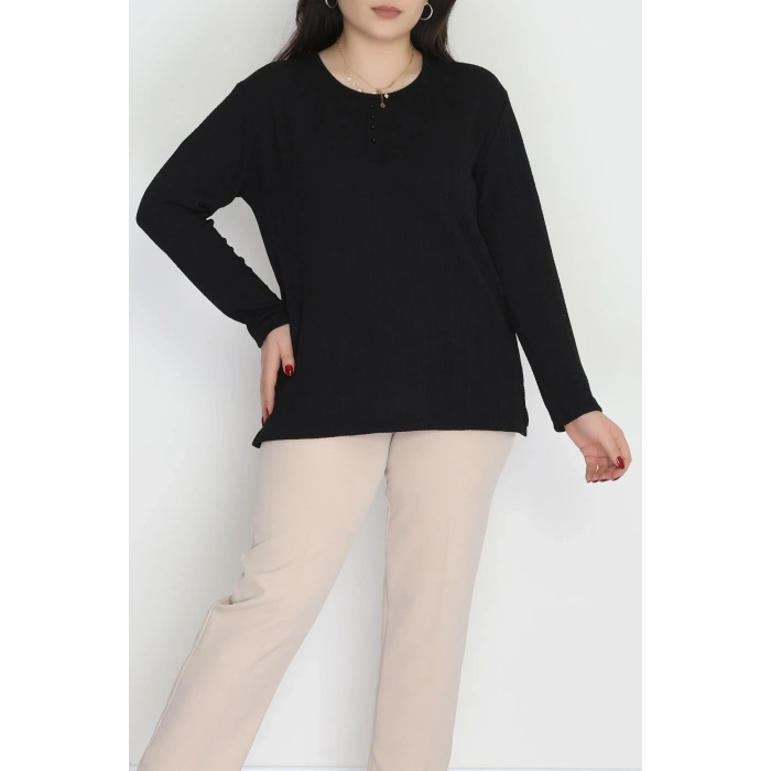 Burgu Kumaş Bisiklet Yaka Büyük Beden Bluz Siyah - 70756.1954.