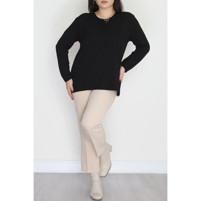 Burgu Kumaş Bisiklet Yaka Büyük Beden Bluz Siyah - 70756.1954.