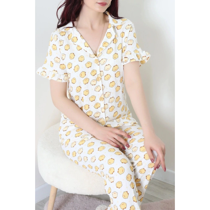 Bürümcük Fırfırlı Pijama Takımı Ekru - 127.1287.