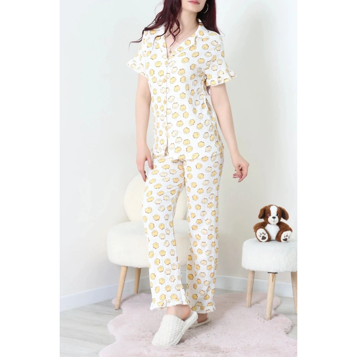 Bürümcük Fırfırlı Pijama Takımı Ekru - 127.1287.