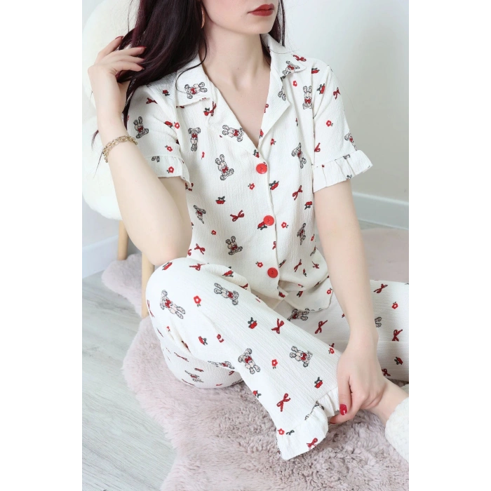 Bürümcük Fırfırlı Pijama Takımı Krem - 127.1287.