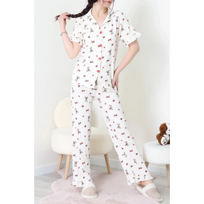 Bürümcük Fırfırlı Pijama Takımı Krem - 127.1287.