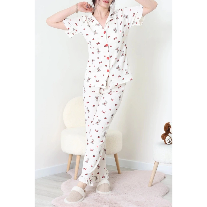 Bürümcük Fırfırlı Pijama Takımı Krem - 127.1287.
