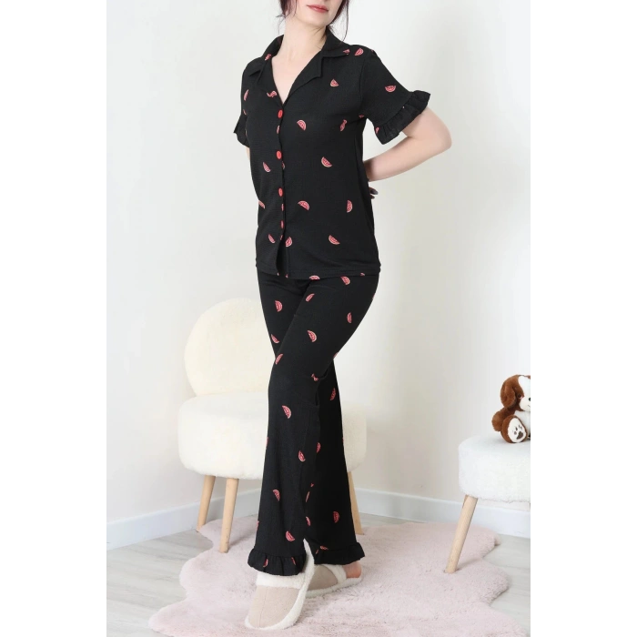 Bürümcük Fırfırlı Pijama Takımı Siyahkarpuz - 127.1287.