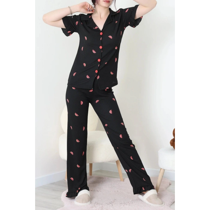 Bürümcük Fırfırlı Pijama Takımı Siyahkarpuz - 127.1287.