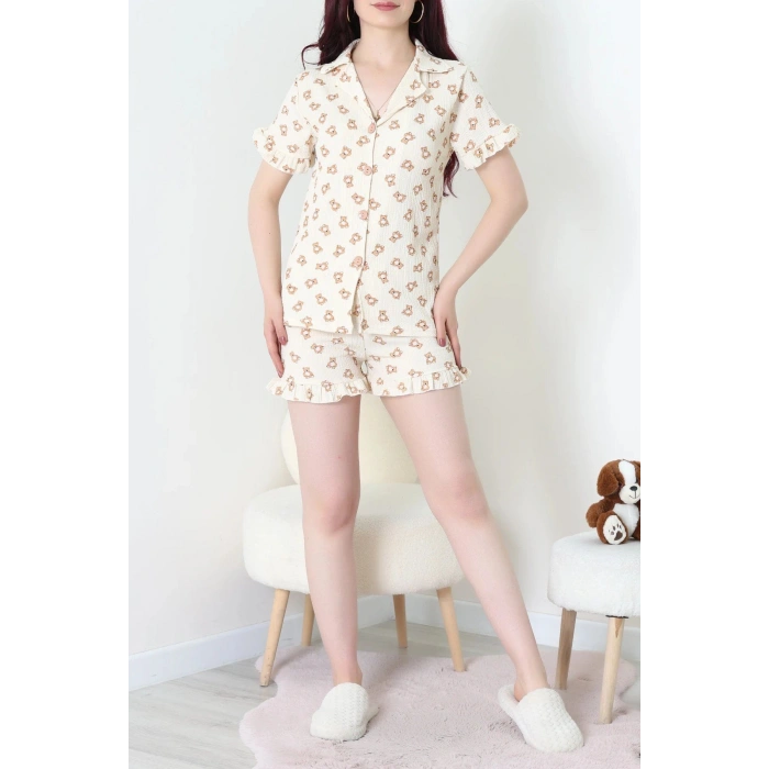 Bürümcük Fırfırlı Şortlu Pijama Takımı Bejkahve - 149.1287.
