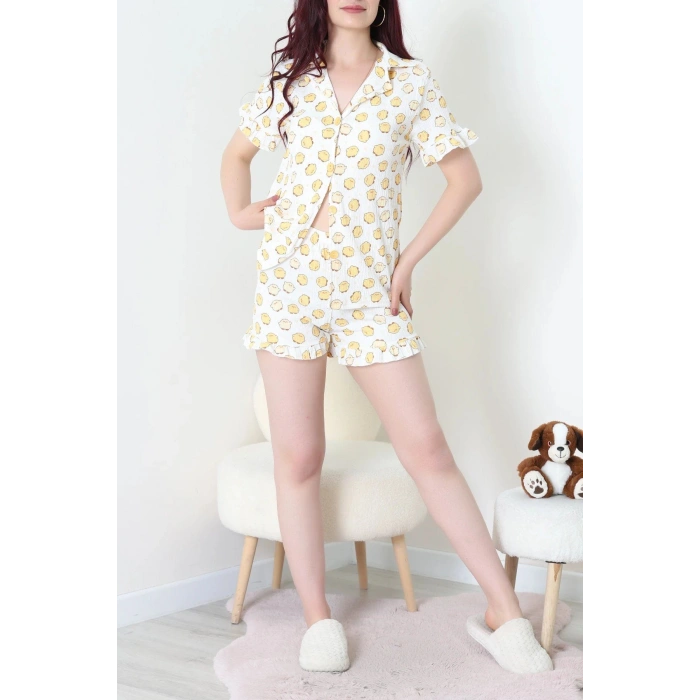 Bürümcük Fırfırlı Şortlu Pijama Takımı Ekru - 149.1287.