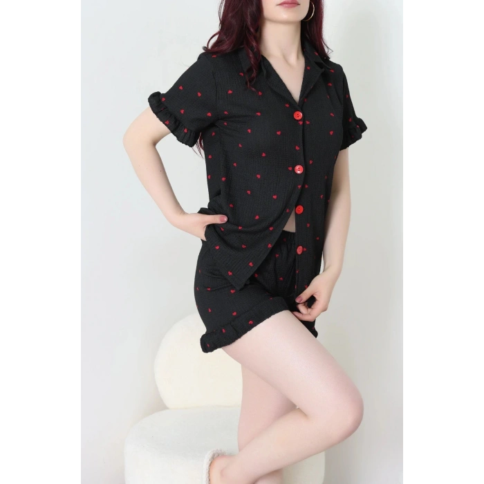 Bürümcük Fırfırlı Şortlu Pijama Takımı Siyahkırmızı - 149.1287.