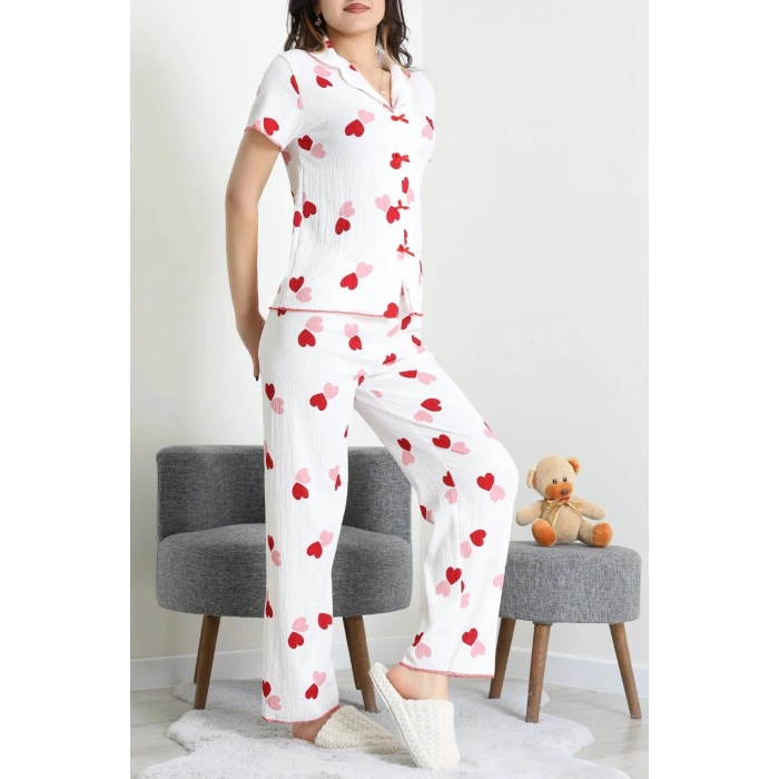 Bürümcük Fiyonklu Pijama Takımı Beyaz - 159.1287.