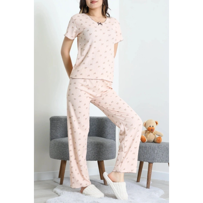 Bürümcük V Yaka Pijama Takımı Somon - 126.1287.