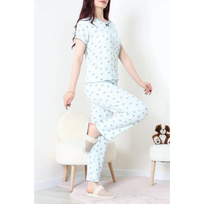 Bürümcük V Yaka Pijama Takımı Turkuaz - 126.1287.