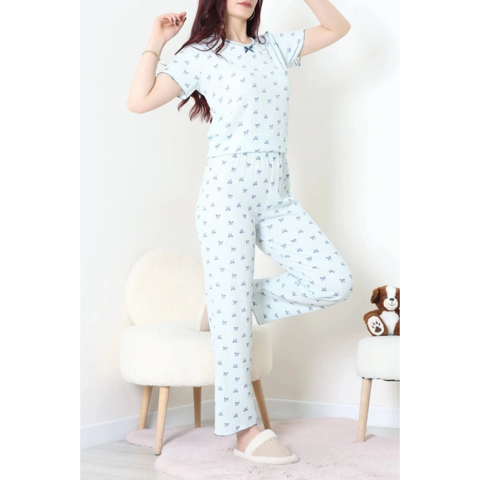 Bürümcük V Yaka Pijama Takımı Turkuaz - 126.1287.