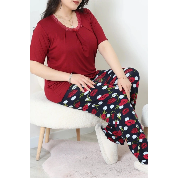 Büyük Beden Dantelli Pijama Takımı Bordoçiçekli - 71500.1773.