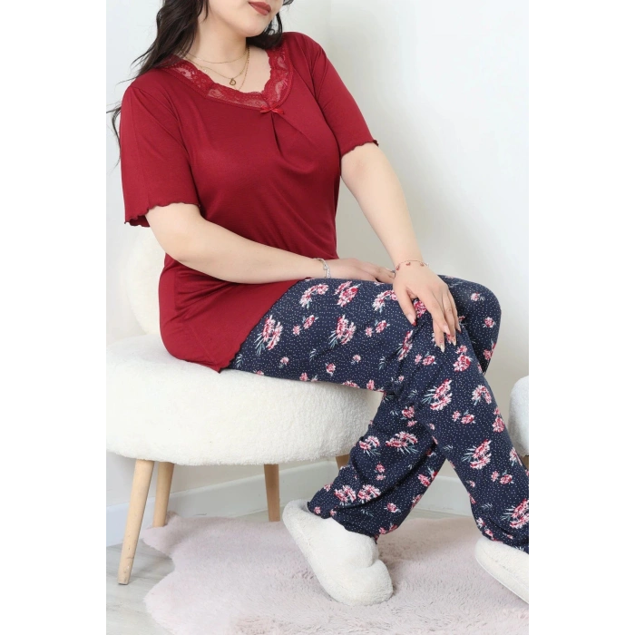Büyük Beden Dantelli Pijama Takımı Bordolaci - 71500.1773.