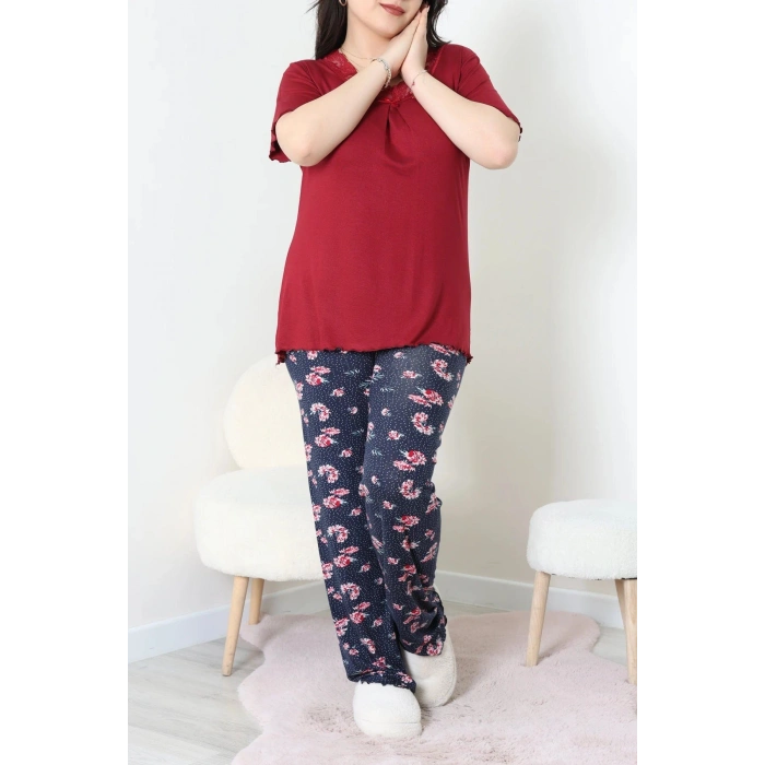 Büyük Beden Dantelli Pijama Takımı Bordolaci - 71500.1773.
