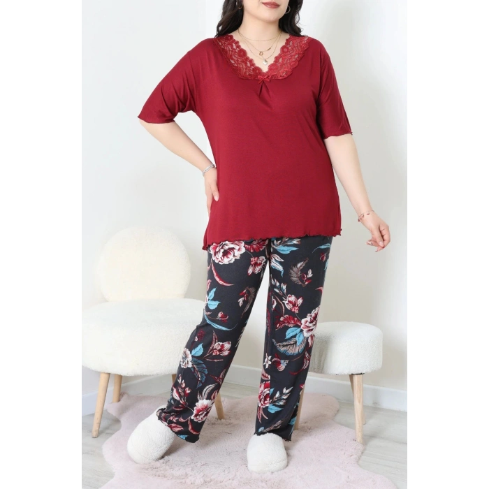 Büyük Beden Dantelli Pijama Takımı Bordomavi - 71500.1773.