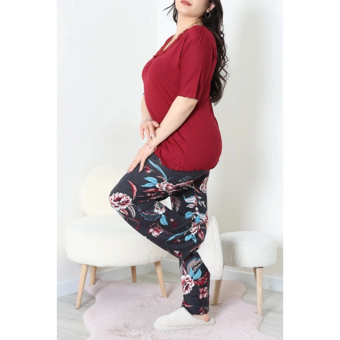 Büyük Beden Dantelli Pijama Takımı Bordomavi - 71500.1773.