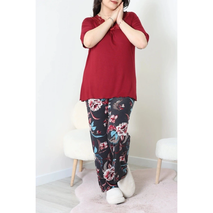 Büyük Beden Dantelli Pijama Takımı Bordomavi - 71500.1773.