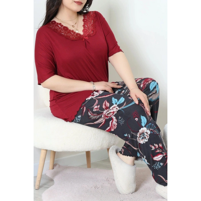 Büyük Beden Dantelli Pijama Takımı Bordomavi - 71500.1773.