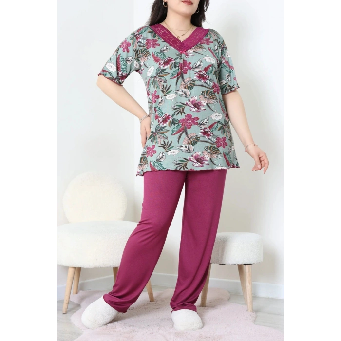 Büyük Beden Dantelli Pijama Takımı Çağla - 71500.1773.