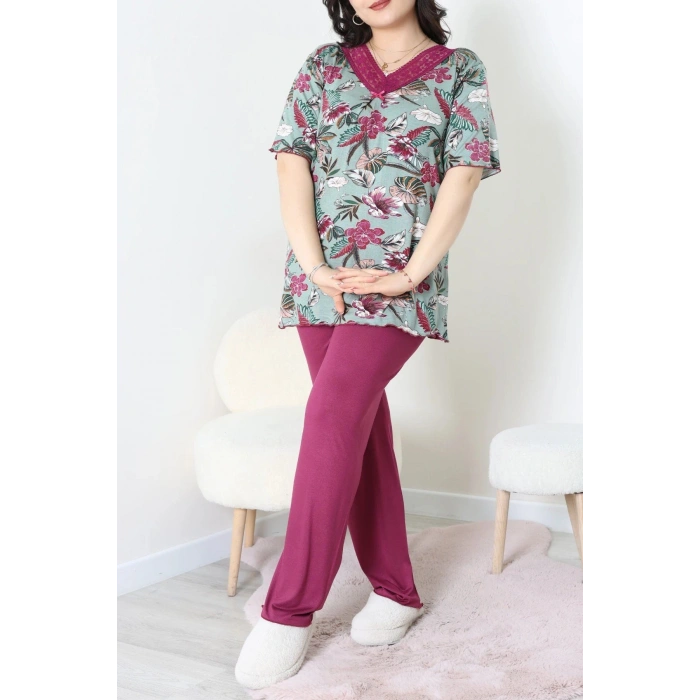 Büyük Beden Dantelli Pijama Takımı Çağla - 71500.1773.