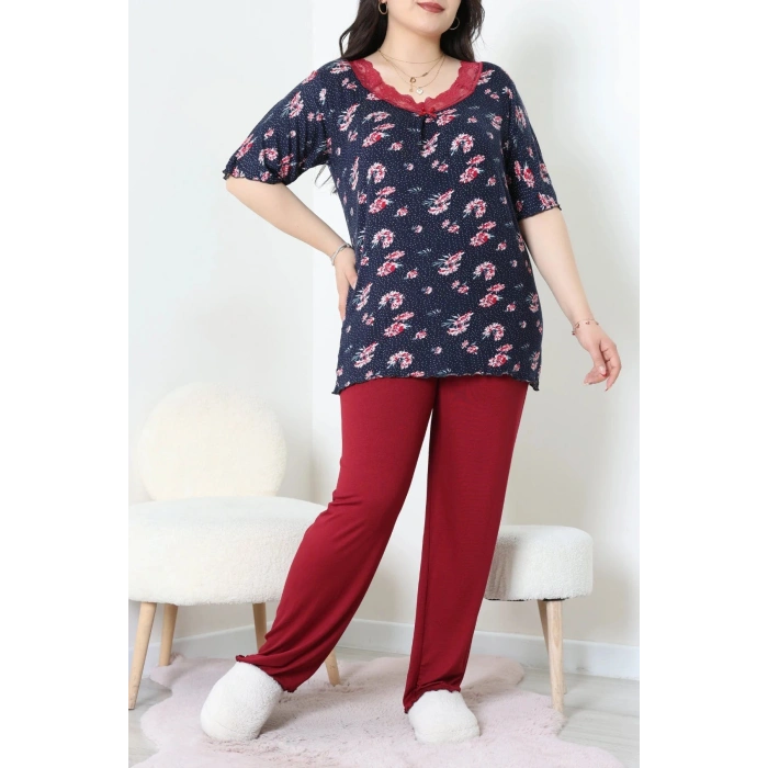 Büyük Beden Dantelli Pijama Takımı Lacibordo - 71500.1773.