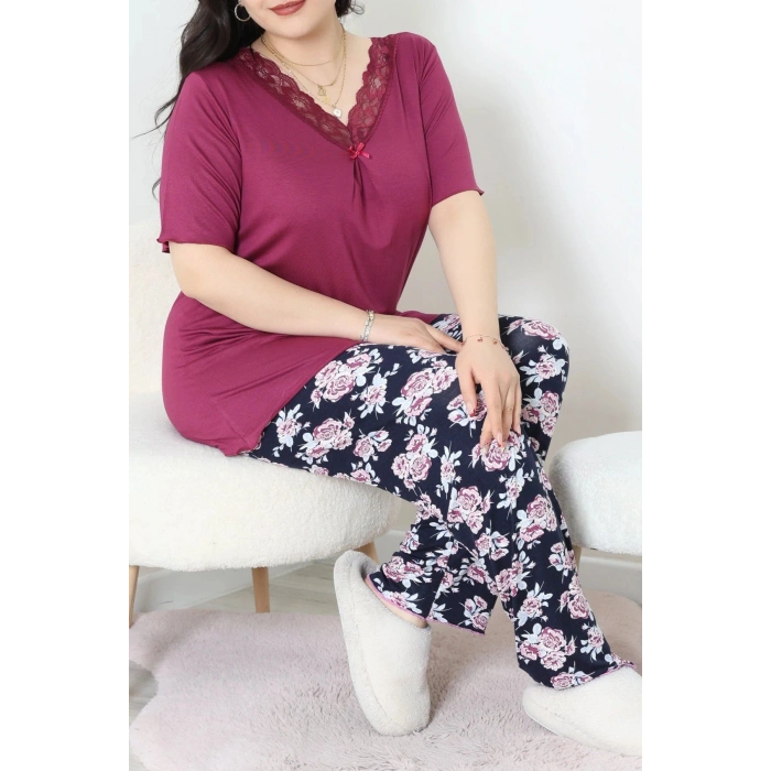 Büyük Beden Dantelli Pijama Takımı Mor - 71500.1773.