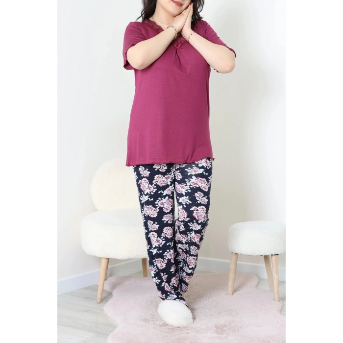 Büyük Beden Dantelli Pijama Takımı Mor - 71500.1773.