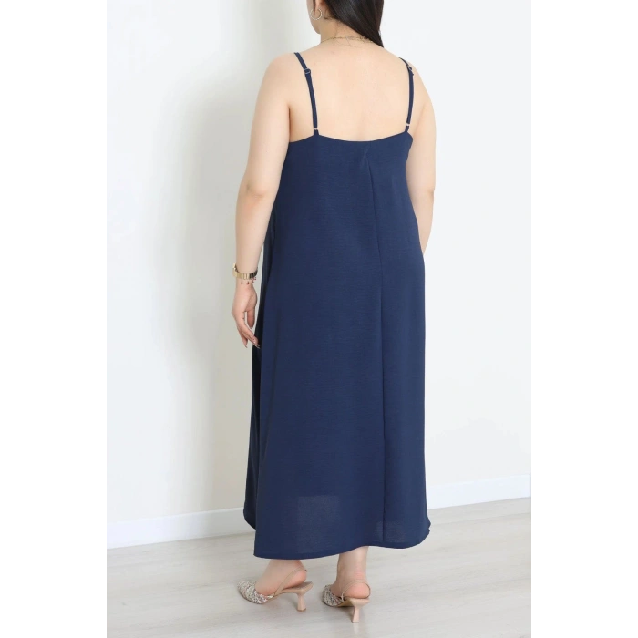 Büyük Beden İp Askılı Ayrobin Kumaş Elbise Lacivert - 71342.2118.