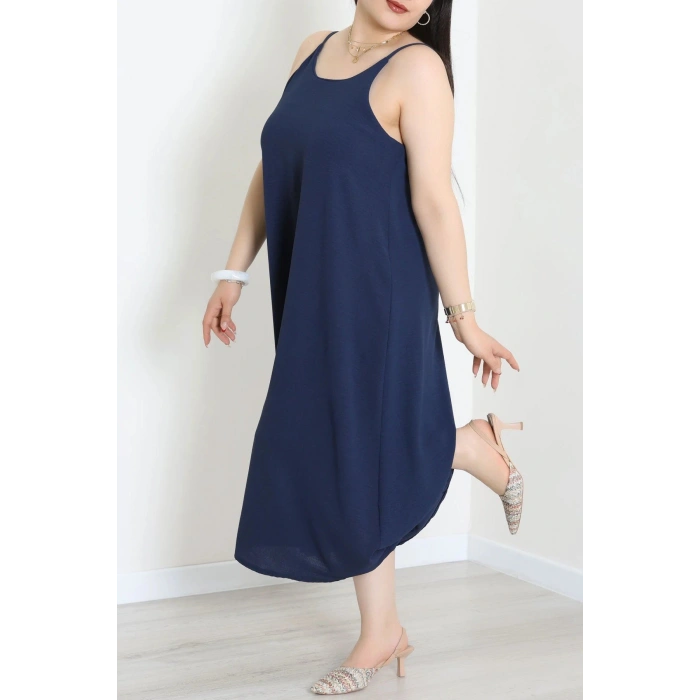 Büyük Beden İp Askılı Ayrobin Kumaş Elbise Lacivert - 71342.2118.