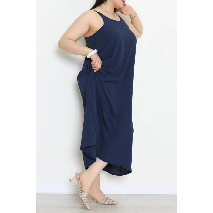 Büyük Beden İp Askılı Ayrobin Kumaş Elbise Lacivert - 71342.2118.
