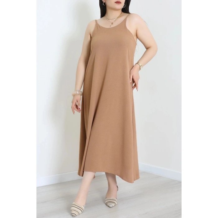 Büyük Beden İp Askılı Ayrobin Kumaş Elbise Latte - 71342.2118.