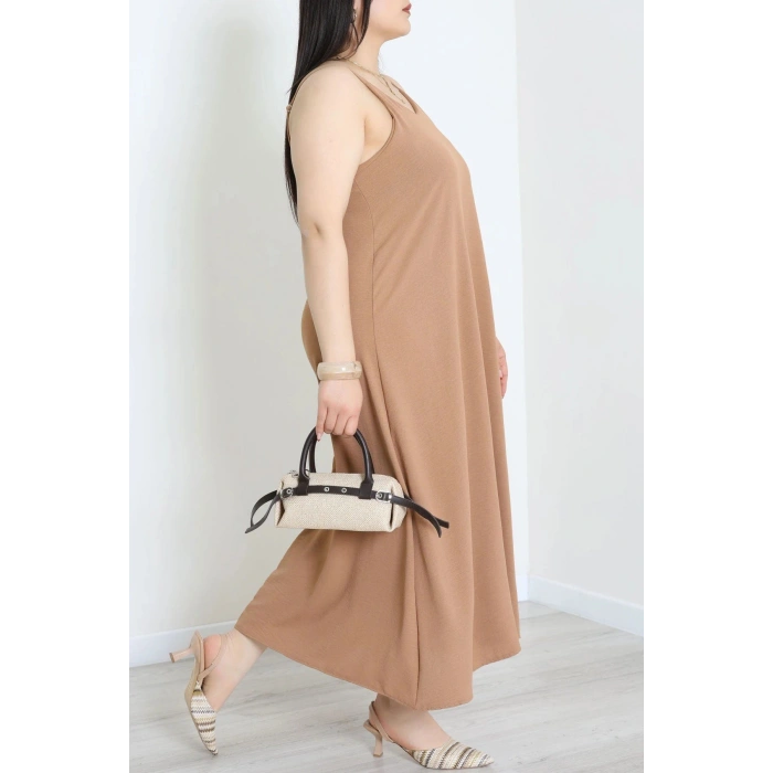 Büyük Beden İp Askılı Ayrobin Kumaş Elbise Latte - 71342.2118.