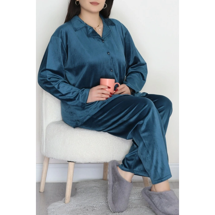 Büyük Beden Likralı Fransız Kadife Pijama Takımı Zümrüt - 42067.1049.