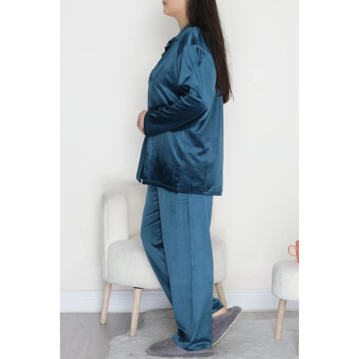 Büyük Beden Likralı Fransız Kadife Pijama Takımı Zümrüt - 42067.1049.