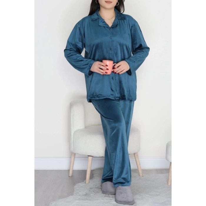 Büyük Beden Likralı Fransız Kadife Pijama Takımı Zümrüt - 42067.1049.
