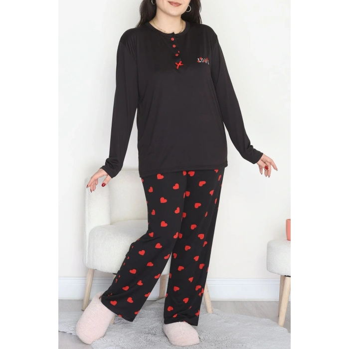 Büyük Beden Patlı Pijama Takımı Siyahkırmızı - 258.1287.