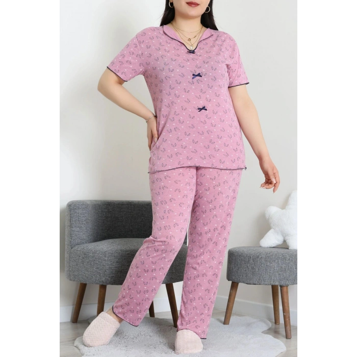 Büyük Beden Puantiyeli Viskon Pijama Takımı Gülkurusu - 71238.1048.