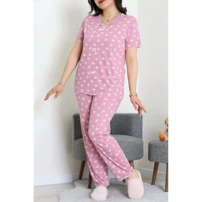 Büyük Beden Puantiyeli Viskon Pijama Takımı Pembebeyaz - 71238.1048.