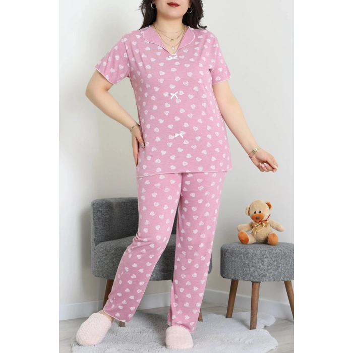 Büyük Beden Puantiyeli Viskon Pijama Takımı Pembebeyaz - 71238.1048.