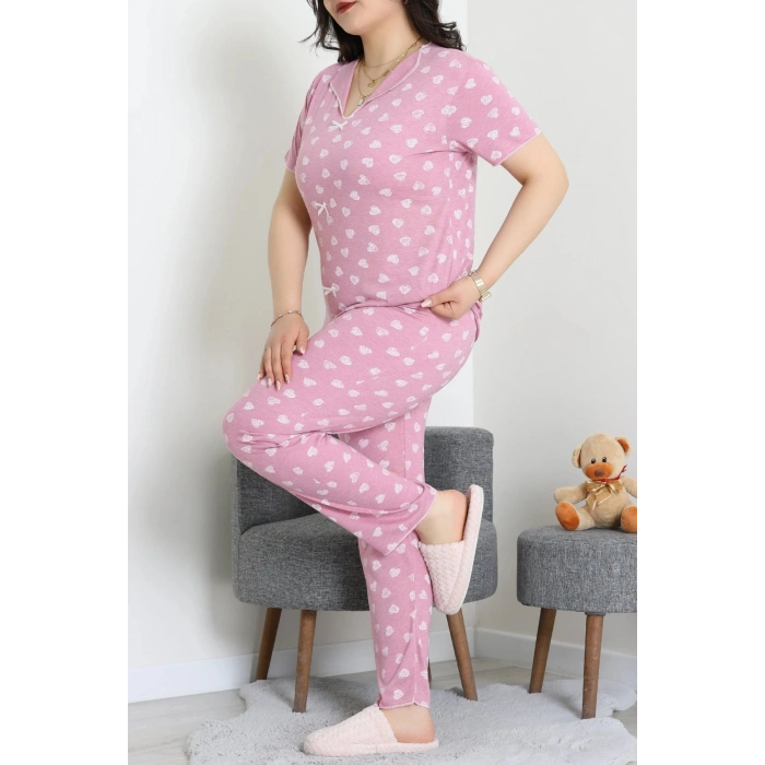 Büyük Beden Puantiyeli Viskon Pijama Takımı Pembebeyaz - 71238.1048.