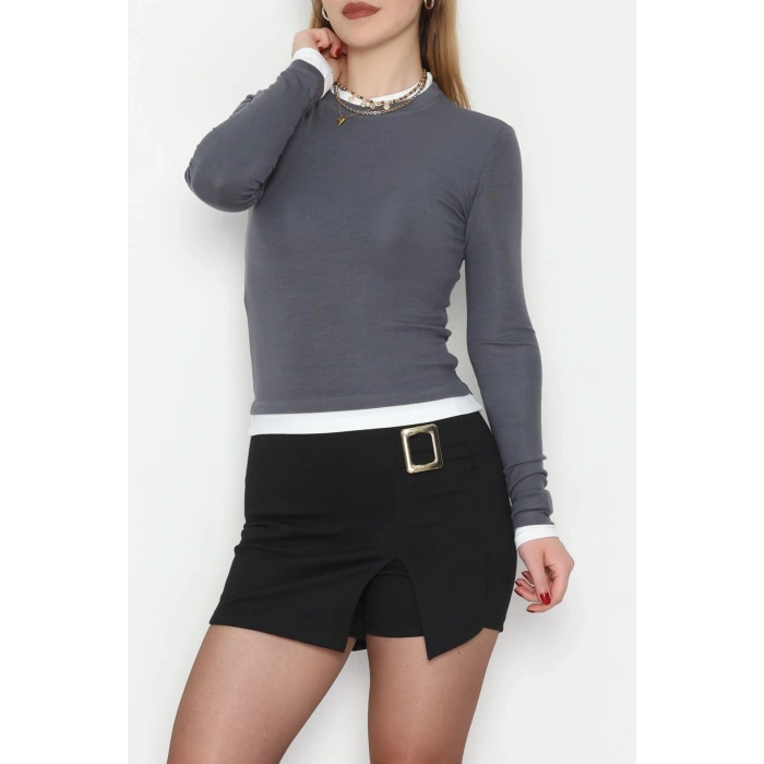 Buzzy Kumaş Bisiklet Yaka Parçalı Bluz Antrasit - 1054.2119.