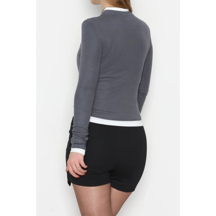 Buzzy Kumaş Bisiklet Yaka Parçalı Bluz Antrasit - 1054.2119.