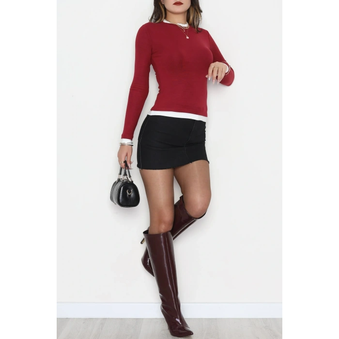 Buzzy Kumaş Bisiklet Yaka Parçalı Bluz Bordo - 1054.2119.