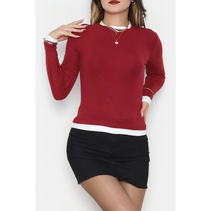 Buzzy Kumaş Bisiklet Yaka Parçalı Bluz Bordo - 1054.2119.