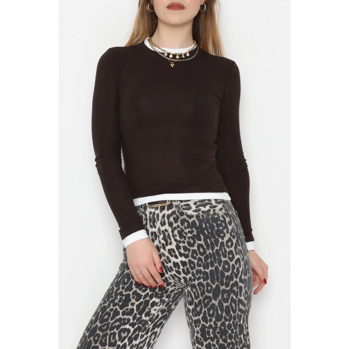 Buzzy Kumaş Bisiklet Yaka Parçalı Bluz Kahve - 1054.2119.