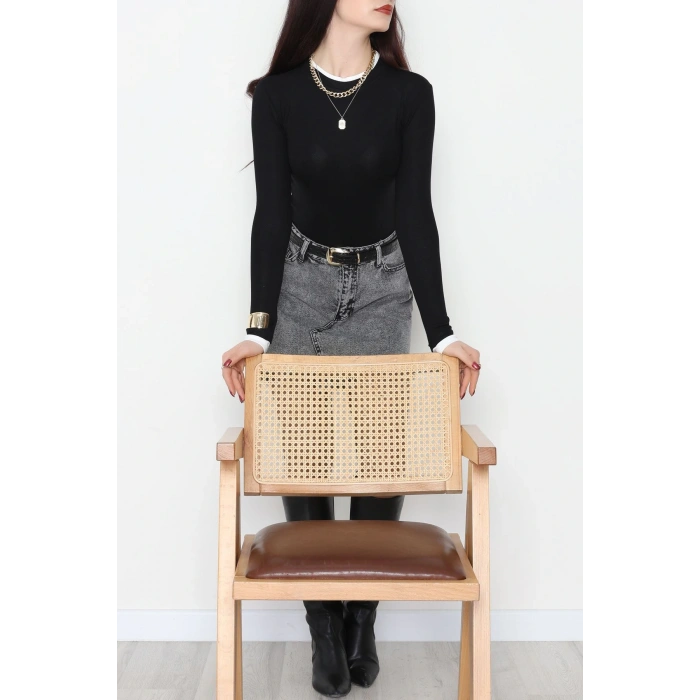 Buzzy Kumaş Bisiklet Yaka Parçalı Bluz Siyah - 1054.2119.