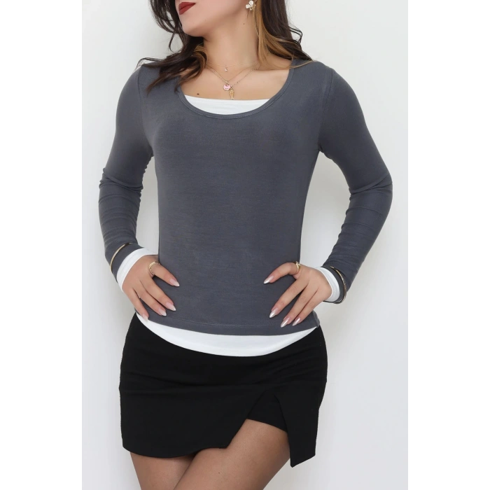 Buzzy Kumaş Geniş Yaka Parçalı Bluz Antrasit - 1055.2119.